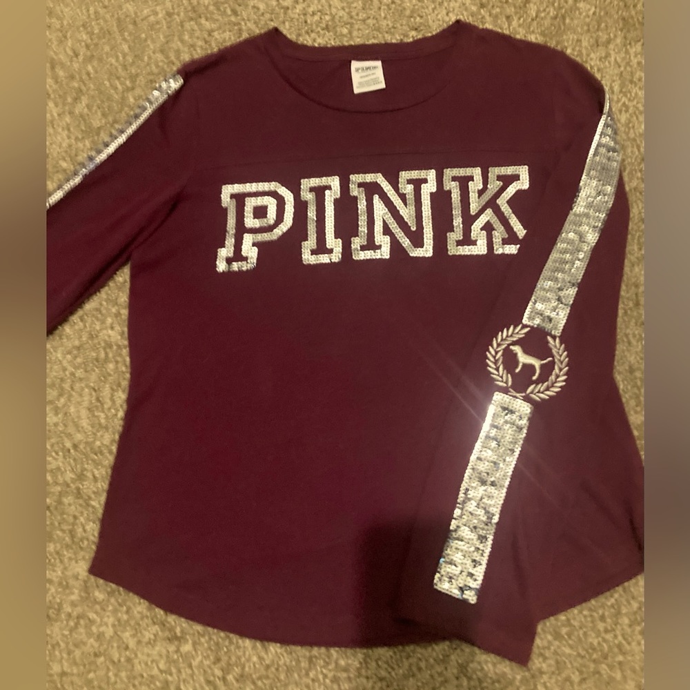 COPY - PINK Burgandy long-sleeve shirt - silver bling PINK on the front & down …